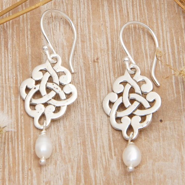 Alternate image for Sterling Silver Trinity Knot Dangle Earrings with Pearls Bridal Trinity Knot
