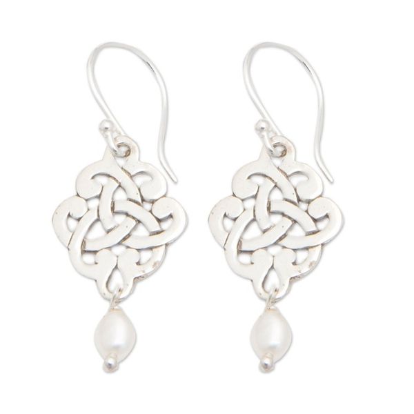 Alternate image for Sterling Silver Trinity Knot Dangle Earrings with Pearls Bridal Trinity Knot