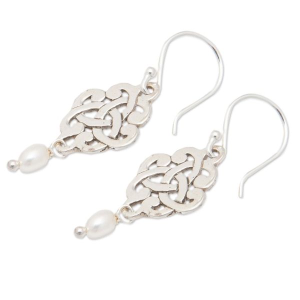 Alternate image for Sterling Silver Trinity Knot Dangle Earrings with Pearls Bridal Trinity Knot