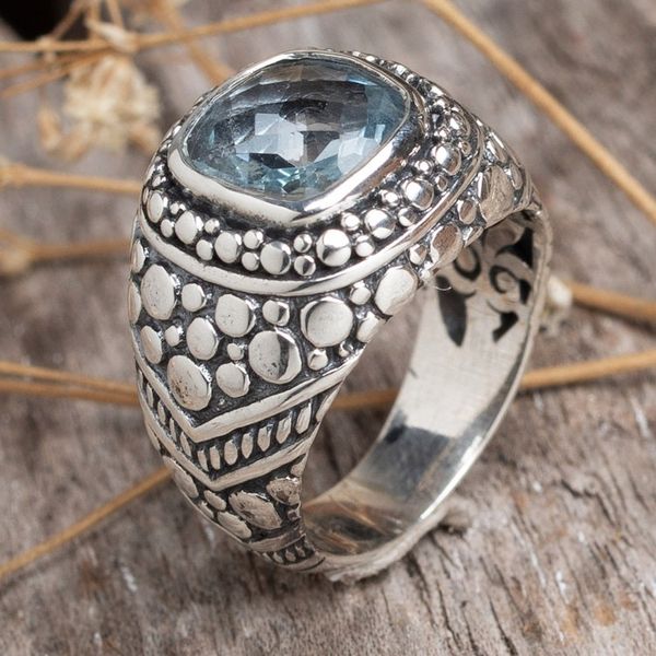 Alternate image for Balinese Blue Topaz Sterling Silver Armadillo Dot Domed Ring Magnificent Beauty