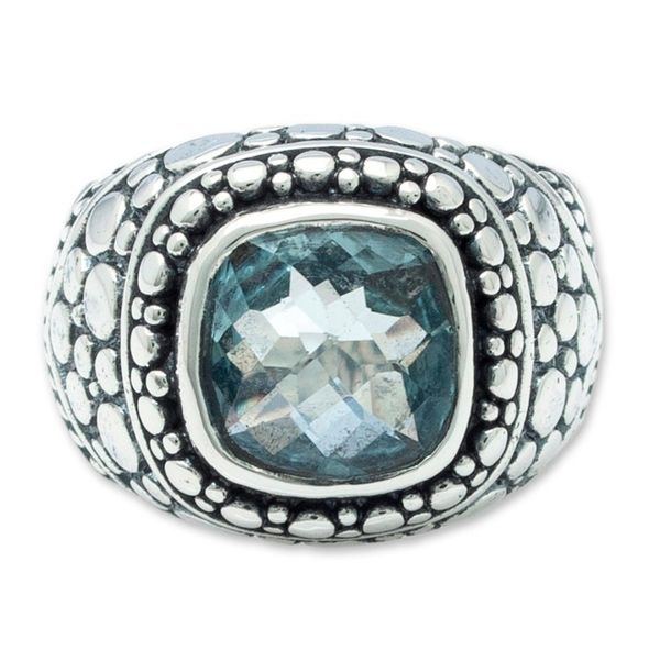 Alternate image for Balinese Blue Topaz Sterling Silver Armadillo Dot Domed Ring Magnificent Beauty