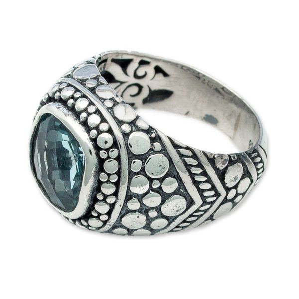 Alternate image for Balinese Blue Topaz Sterling Silver Armadillo Dot Domed Ring Magnificent Beauty