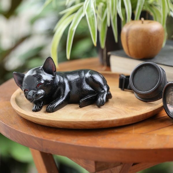 Alternate image for Hand-Carved Black Suar Wood Chihuahua Figurine from Bali Sleeping Chihuahua at Night