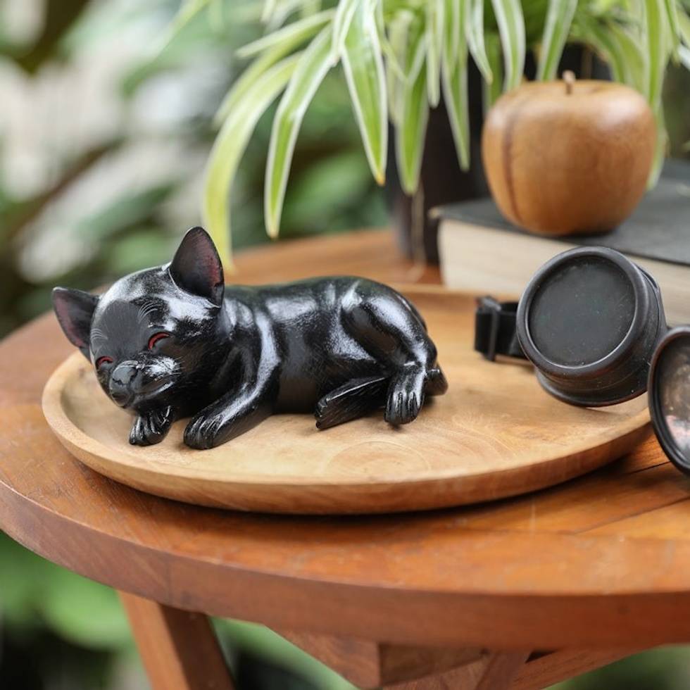 Hand-Carved Black Suar Wood Chihuahua Figurine from Bali 'Sleeping Chihuahua at Night'