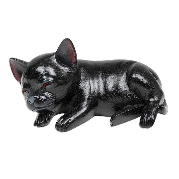 Alternate image for Hand-Carved Black Suar Wood Chihuahua Figurine from Bali Sleeping Chihuahua at Night