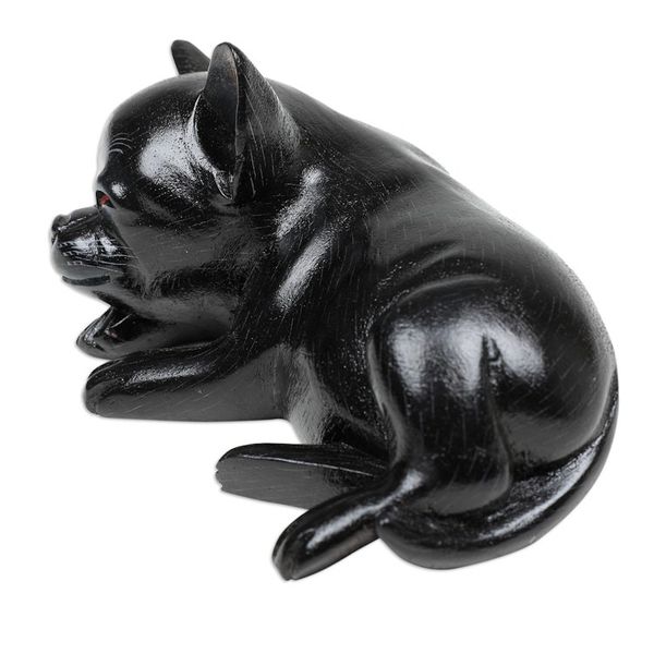 Alternate image for Hand-Carved Black Suar Wood Chihuahua Figurine from Bali Sleeping Chihuahua at Night