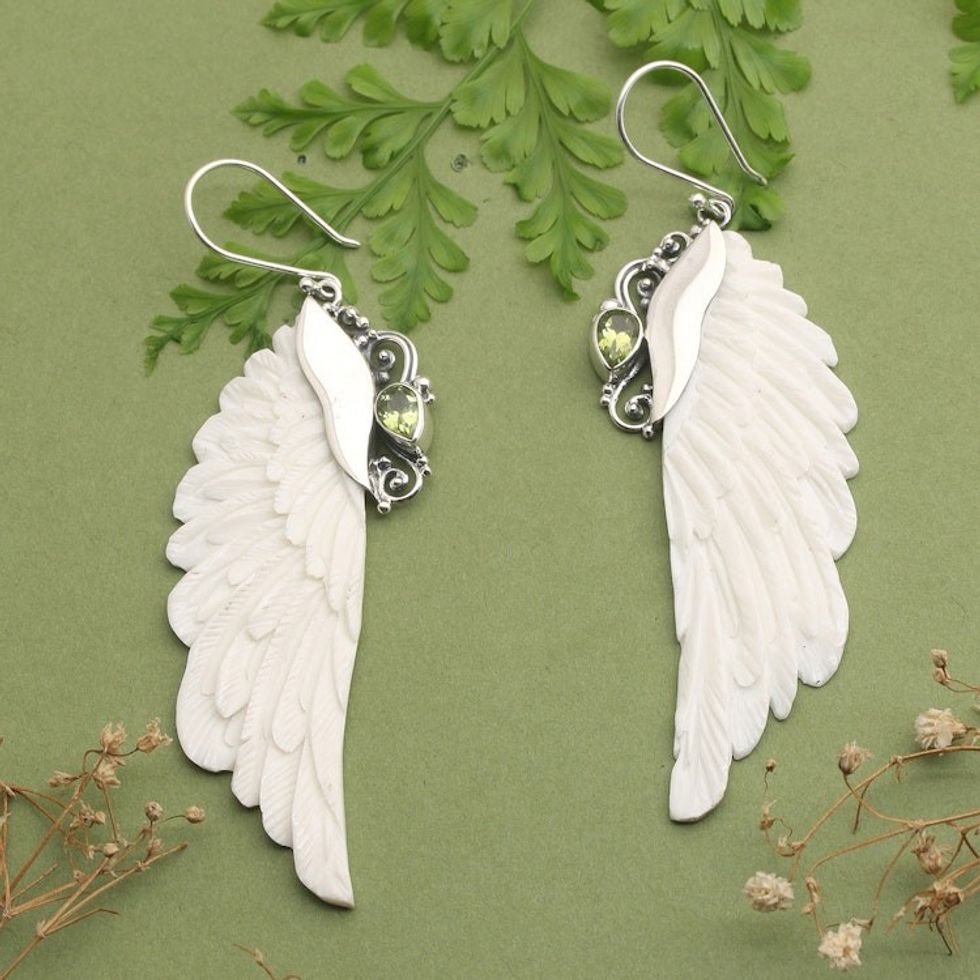 Classic Wing-Shaped Natural Pear Peridot Dangle Earrings 'Lucky Plumage'