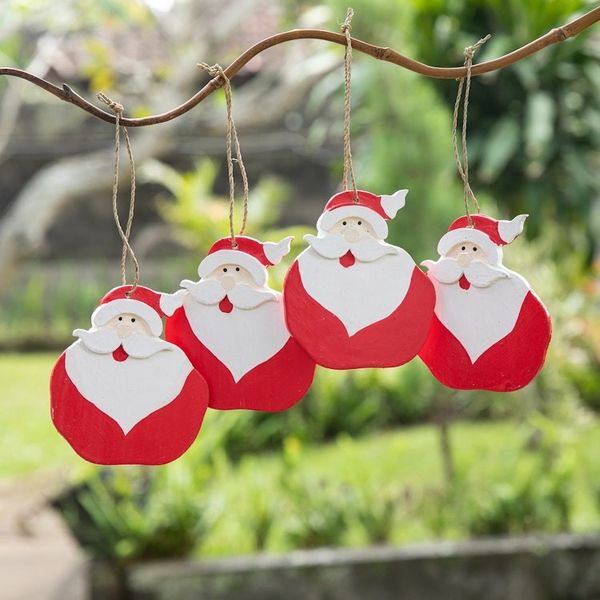 Alternate image for Set of 4 Hand-Painted Wood Santa Holiday Ornaments Happy Santas