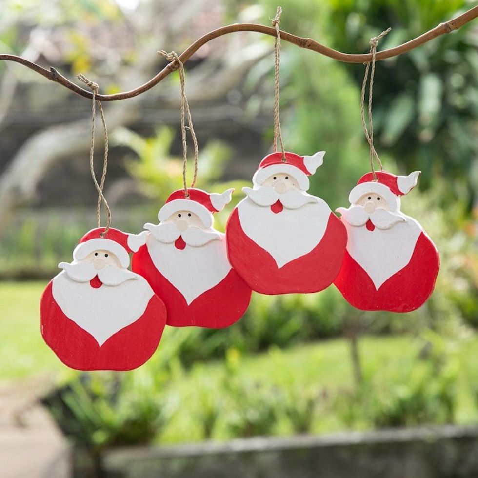 Set of 4 Hand-Painted Wood Santa Holiday Ornaments 'Happy Santas'