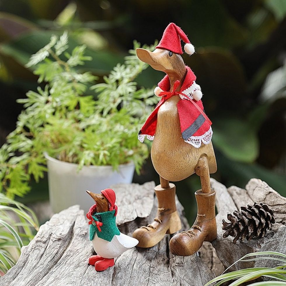 Christmas-Themed Set of 2 Wood Duck Sculptures from Bali 'Santa Duo'