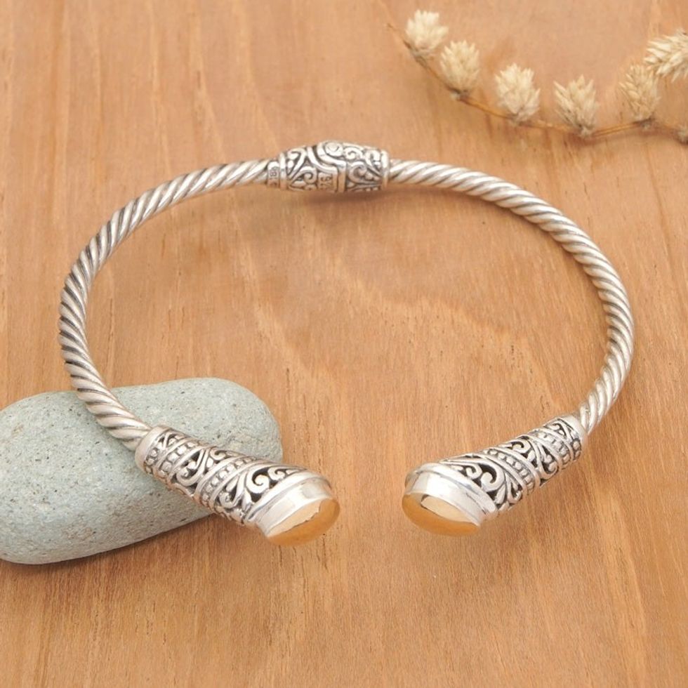 Polished Sterling Silver Cuff Bracelet with Gold Accents 'Gianyar's Soul'