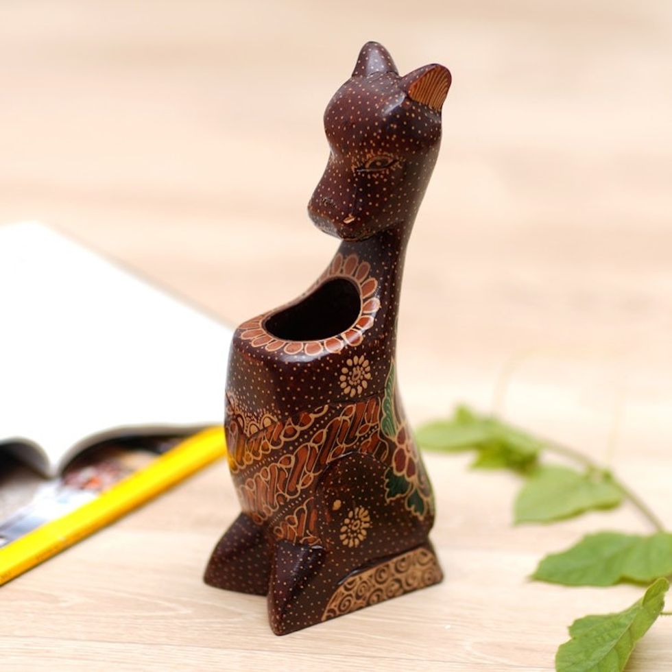 Handcrafted Batik-Painted Kangaroo Pule Wood Pencil Holder 'Mother Kangaroo'