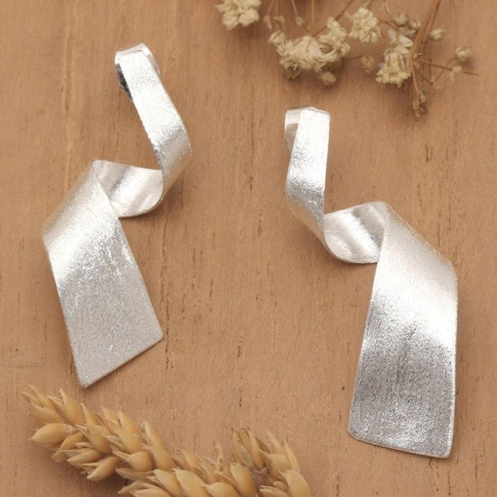 Brushed-Satin Modern Sterling Silver Statement Drop Earrings 'Avant-Garde Present'