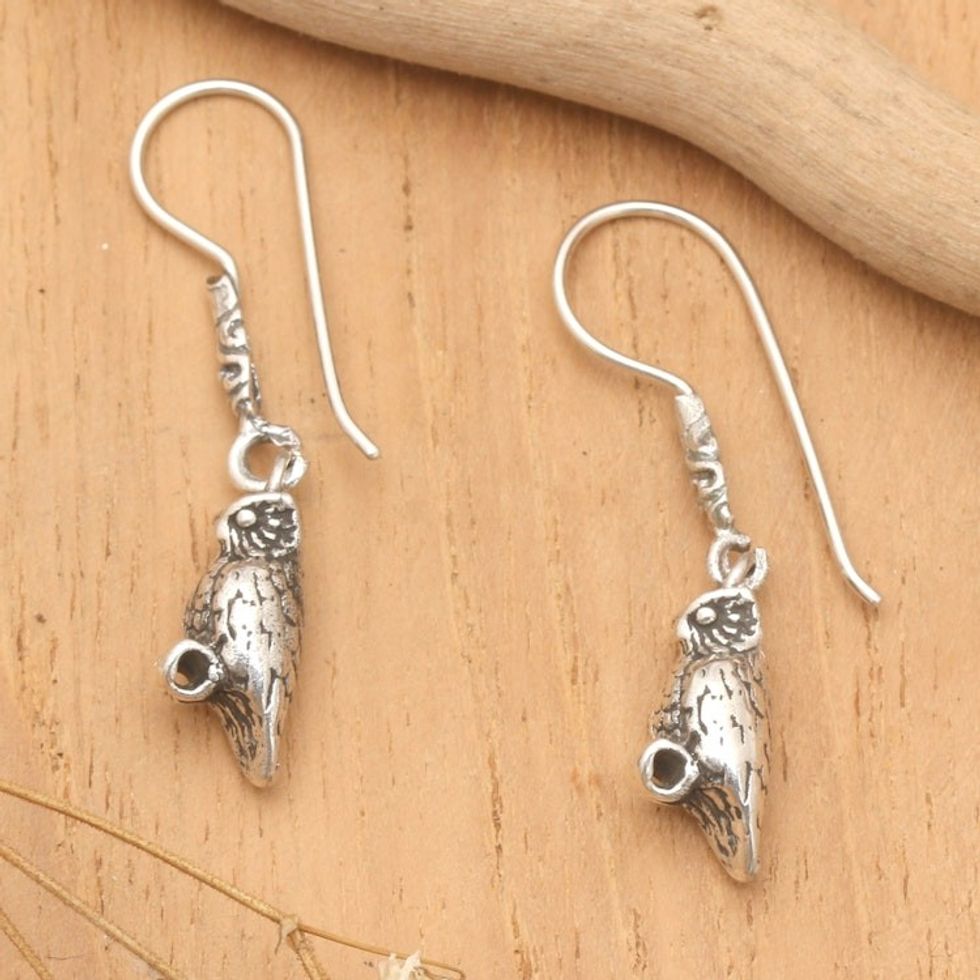 Oxidized and Polished Owl-Shaped Dangle Earrings from Bali 'Night Sage'