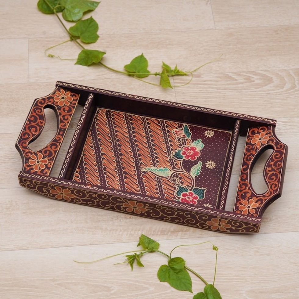 Handcrafted Traditional Batik Brown Pule Wood Tray from Java 'Summer in Java'