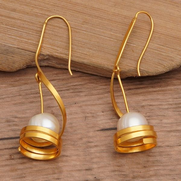 Alternate image for Modern Spiral Gold-Plated Brass Cultured Pearl Drop Earrings Flowing Sea