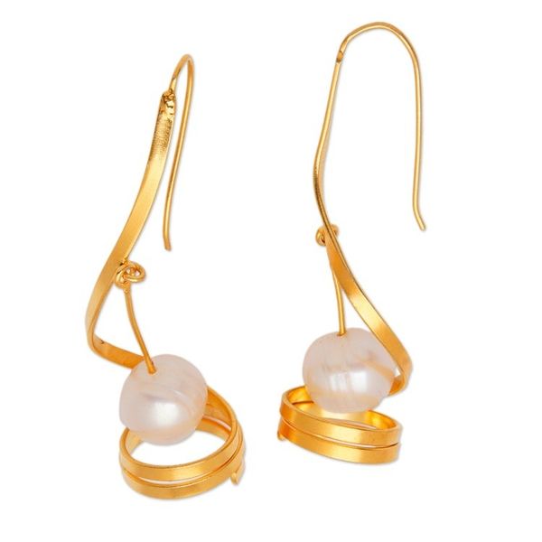 Alternate image for Modern Spiral Gold-Plated Brass Cultured Pearl Drop Earrings Flowing Sea