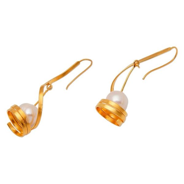 Alternate image for Modern Spiral Gold-Plated Brass Cultured Pearl Drop Earrings Flowing Sea