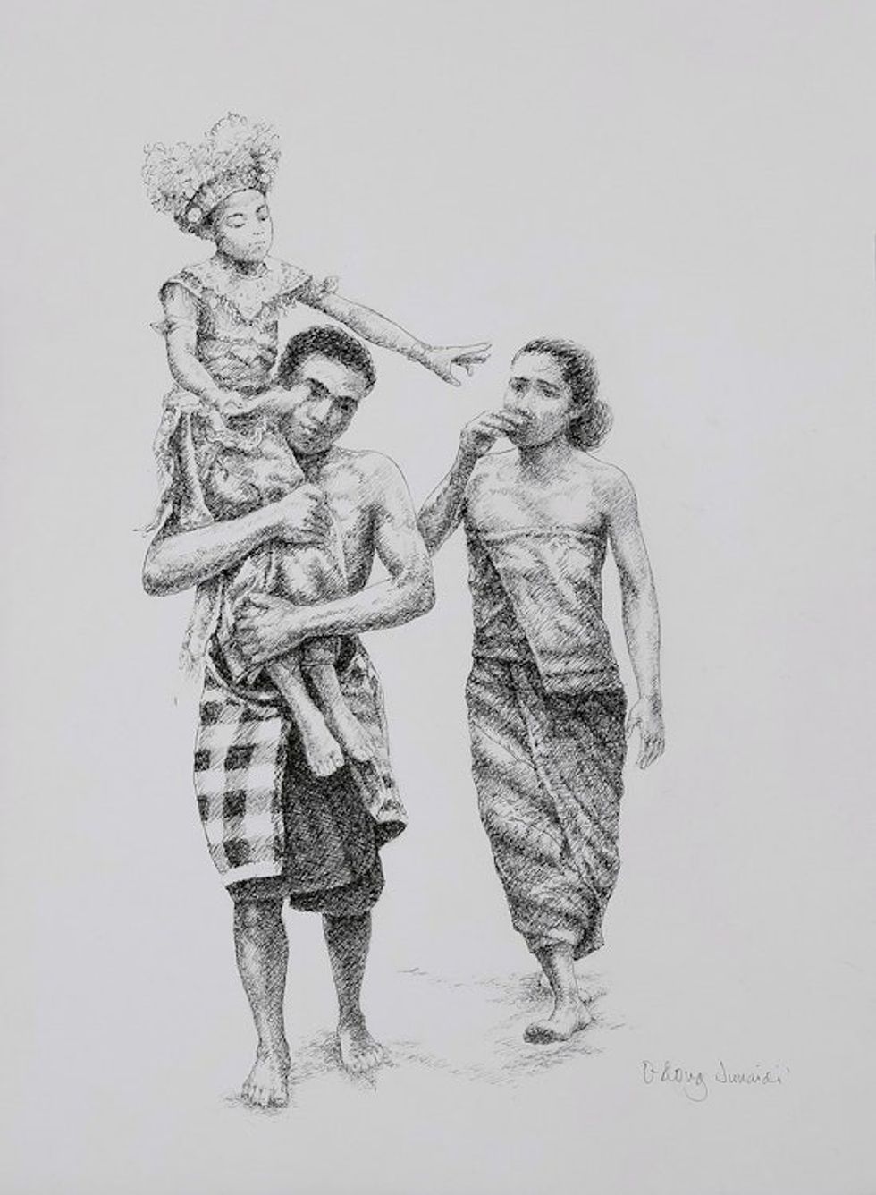 Classic Impressionist Ink on Paper Drawing of Balinese Dance 'Take Care of Sanghyang Dance'