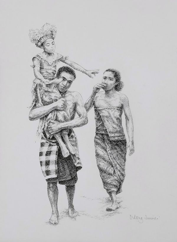 Alternate image for Classic Impressionist Ink on Paper Drawing of Balinese Dance Take Care of Sanghyang Dance