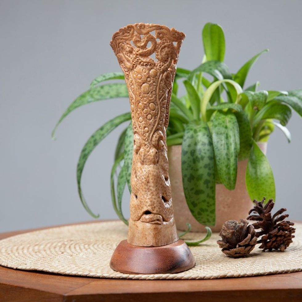 Hand-Carved Nature-Themed Octopus Sculpture with Wood Base 'Pacific Octopus'