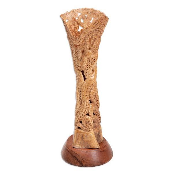 Alternate image for Hand-Carved Nature-Themed Octopus Sculpture with Wood Base Pacific Octopus