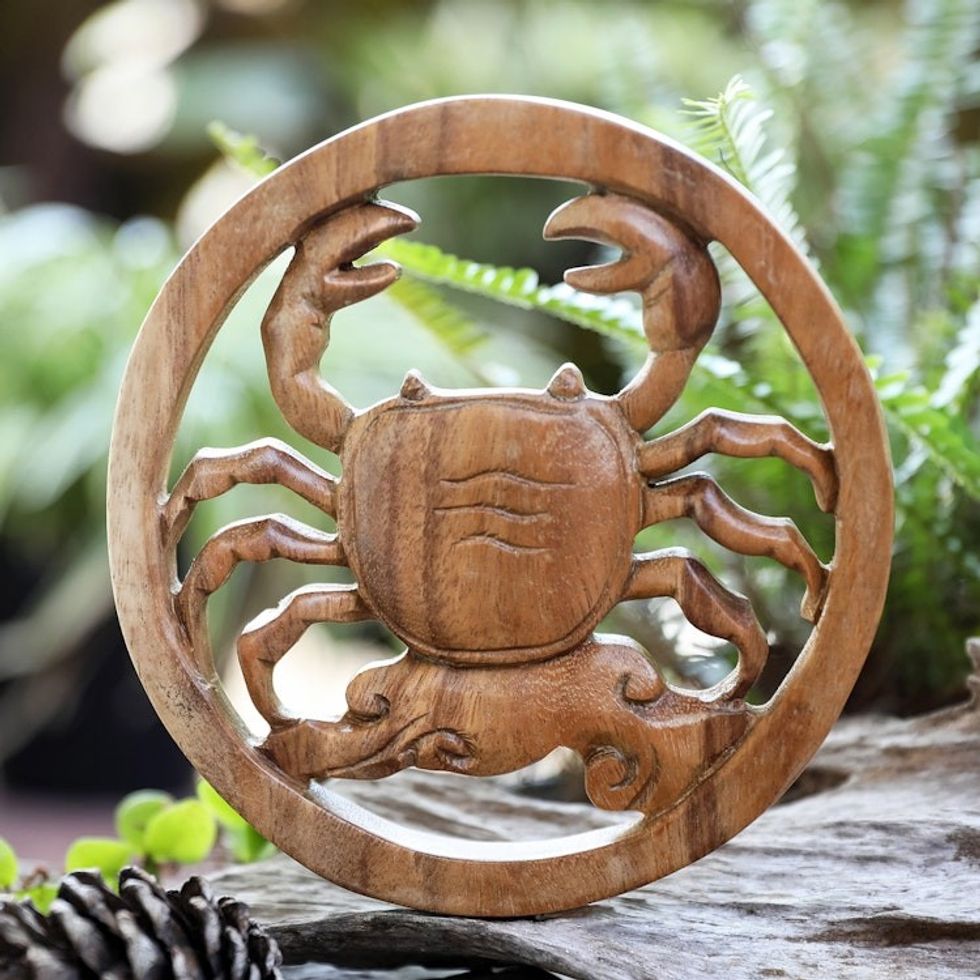 Cancer-Themed Hand-Carved Round Suar Wood Relief Panel 'Cancer Firmament'