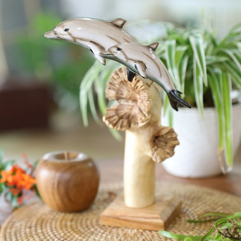 Dolphin-Themed Handmade Jempinis and Benalu Wood Sculpture 'The Dolphins'
