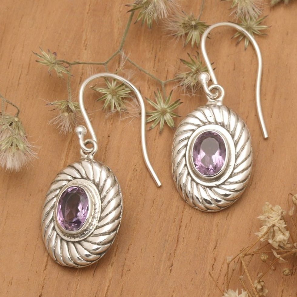 Oval Spiral Faceted One-Carat Amethyst Dangle Earrings 'Spiral Purple Water'