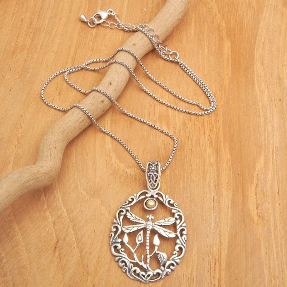 18k Gold-Accented Dragonfly Filigree Pendant Necklace 'Towards the Sun'