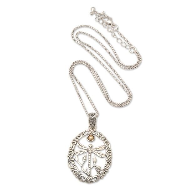Alternate image for 18k Gold-Accented Dragonfly Filigree Pendant Necklace Towards the Sun