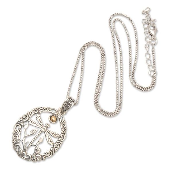 Alternate image for 18k Gold-Accented Dragonfly Filigree Pendant Necklace Towards the Sun