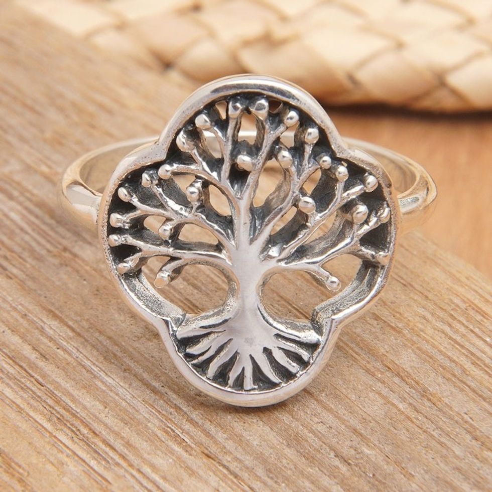 Sterling Silver Tree Cocktail Ring with Openwork Accents 'Revered Tree'
