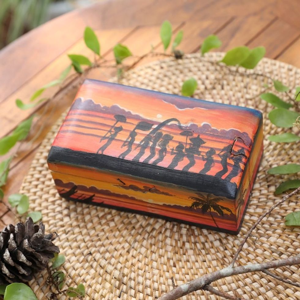 Painted Melasti-Inspired Suar Wood Decorative Box in Orange 'Melasti Sunrise'