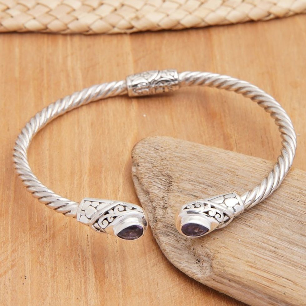 Balinese Sterling Silver Cuff Bracelet with Amethyst Gems 'Spiritual Fates'