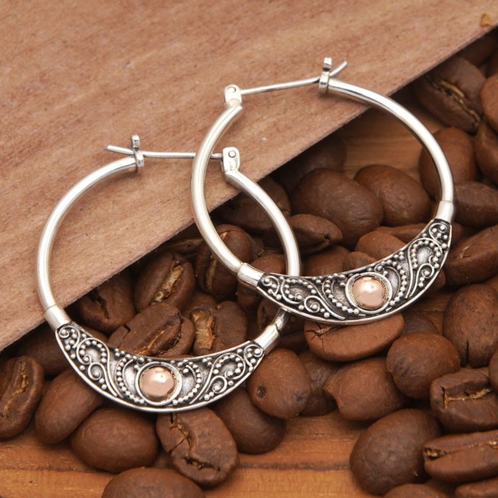 Traditional 18k Gold-Accented Hoop Earrings from Bali 'Kingdom Flair'