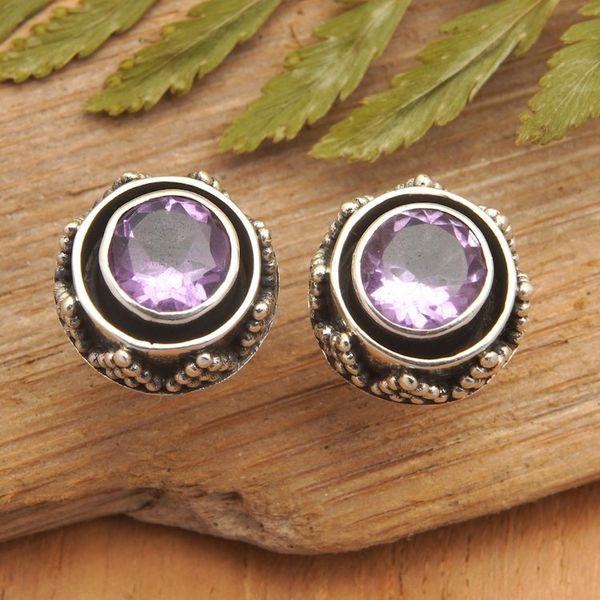 Alternate image for Sterling Silver Button Earrings with Round Amethyst Stone Touch of Purple