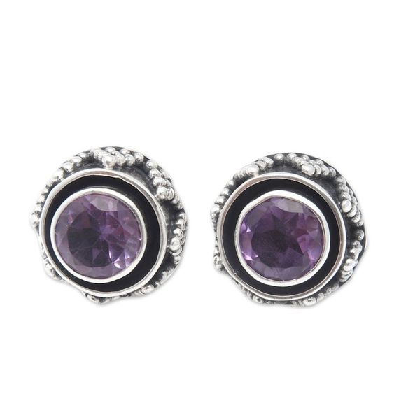Alternate image for Sterling Silver Button Earrings with Round Amethyst Stone Touch of Purple
