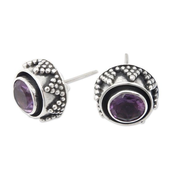 Alternate image for Sterling Silver Button Earrings with Round Amethyst Stone Touch of Purple