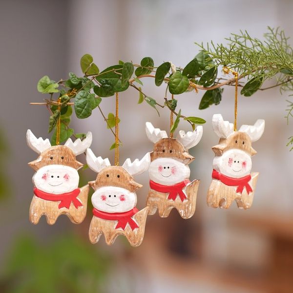 Alternate image for Set of 4 Hand-Painted Holiday Deer Albesia Wood Ornaments Tiny Deer