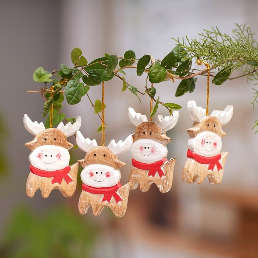 Set of 4 Hand-Painted Holiday Deer Albesia Wood Ornaments 'Tiny Deer'