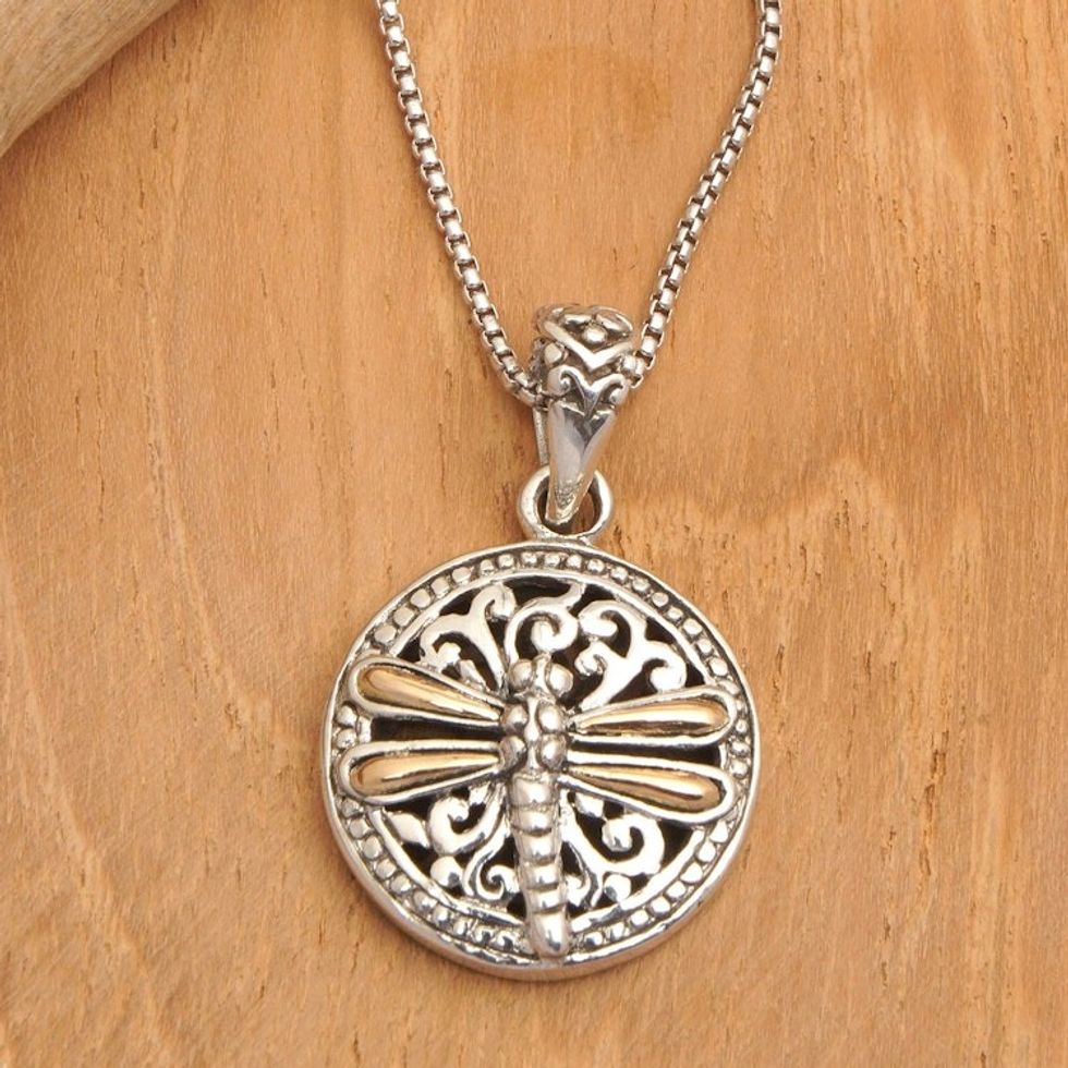 18k Gold-Accented Round Dragonfly Pendant Necklace from Bali 'Dragonfly Eden'