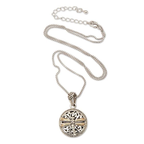 Alternate image for 18k Gold-Accented Round Dragonfly Pendant Necklace from Bali Dragonfly Eden