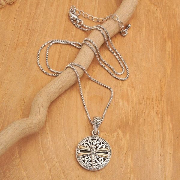 Alternate image for 18k Gold-Accented Round Dragonfly Pendant Necklace from Bali Dragonfly Eden