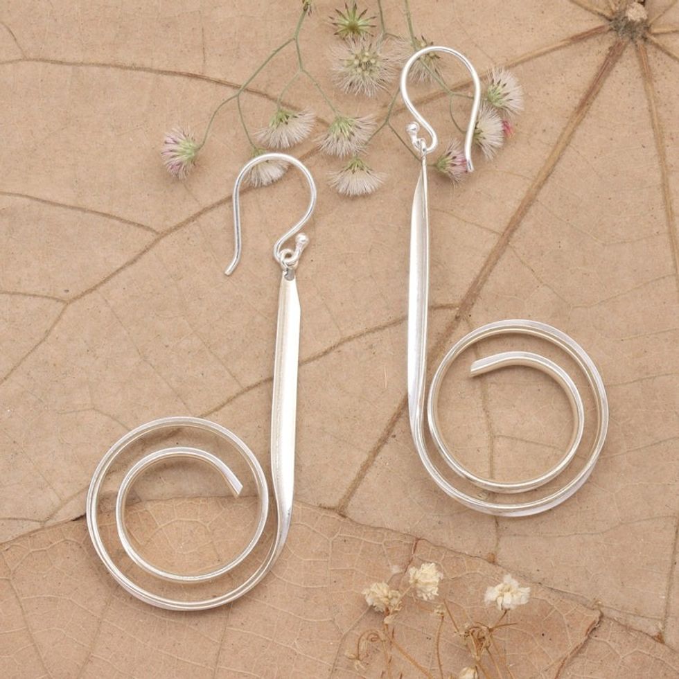 Polished Spiral Sterling Silver Dangle Earrings from Bali 'Divergent Twists'