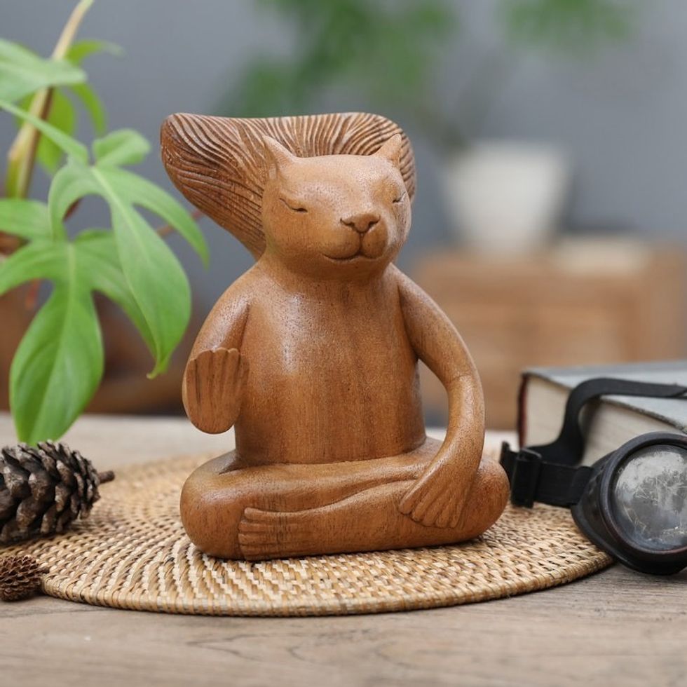 Hand-Carved Wood Sculpture of Meditating Squirrel from Bali 'Blessing Squirrel'