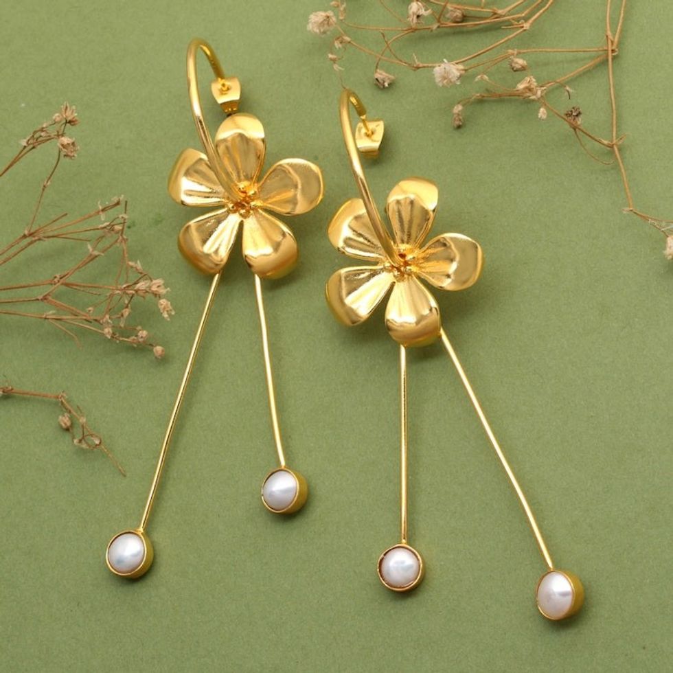 18k Gold-Plated Frangipani-Themed Pearl Drop Earrings 'Pearly Blooms'
