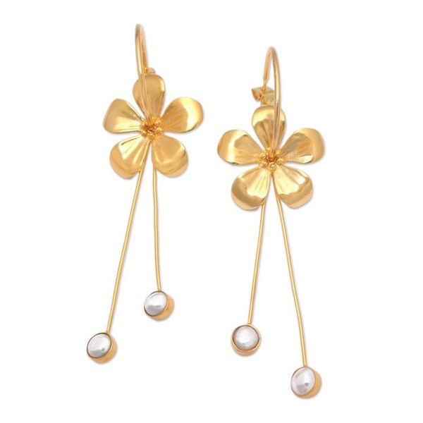 Alternate image for 18k Gold-Plated Frangipani-Themed Pearl Drop Earrings Pearly Blooms