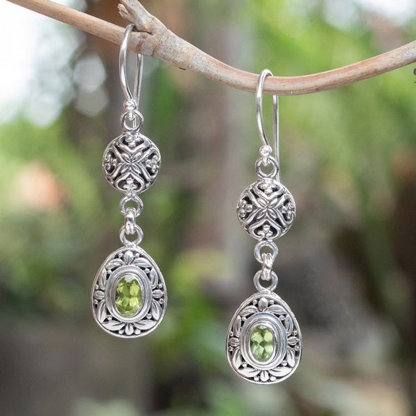 Alternate image for Sterling Silver Peridot Dangle Earrings with Leaf Motif Green Summer