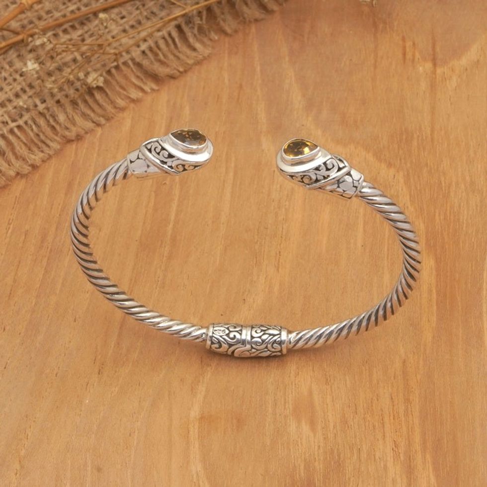 Balinese Sterling Silver Cuff Bracelet with Citrine Gems 'Success Fates'